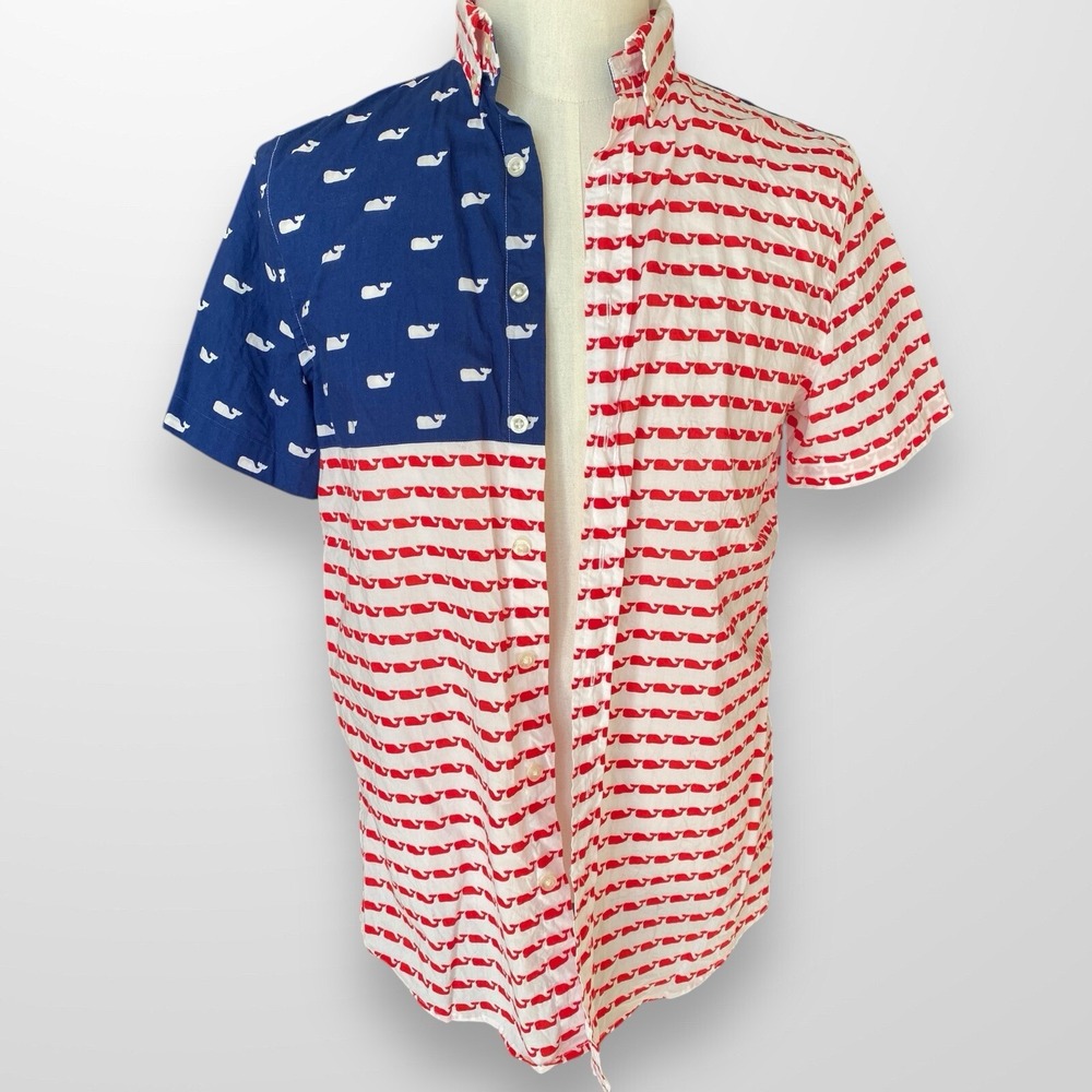 Vineyard Vines  Youth XL 18 Whale Shirt 100% Cotton Short Sleeve Patriotic‎ Flag